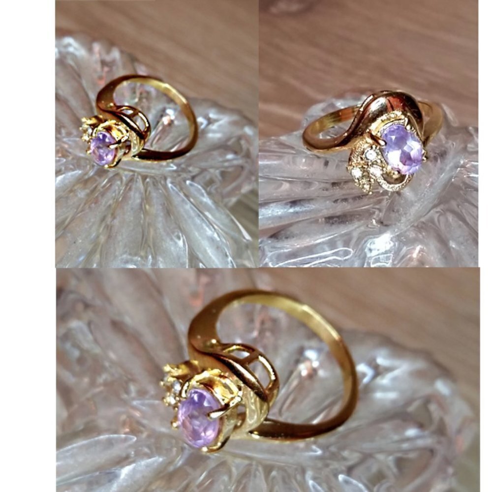 Faux fine jewelry gemstone look costume ring gold tone faux amethyst.